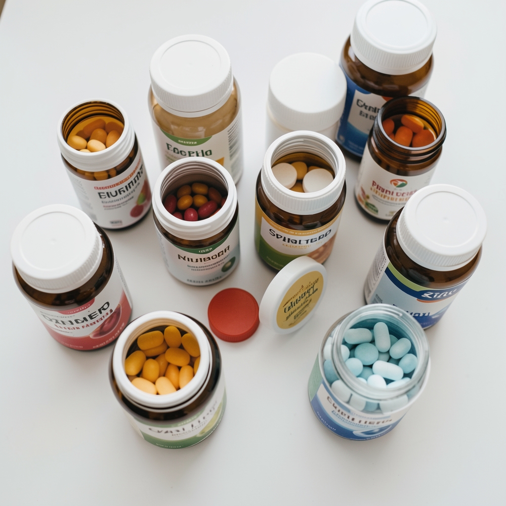 Close-up of vitamin containers arranged on a white surface, editorial overhead composition, natural light