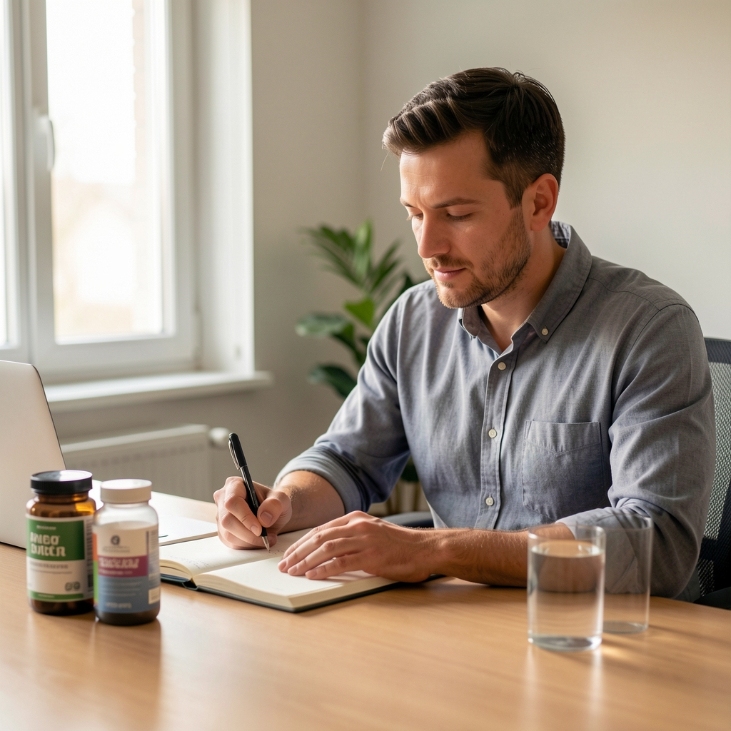 Man journalling at a desk with supplement containers, soft morning daylight, editorial composition